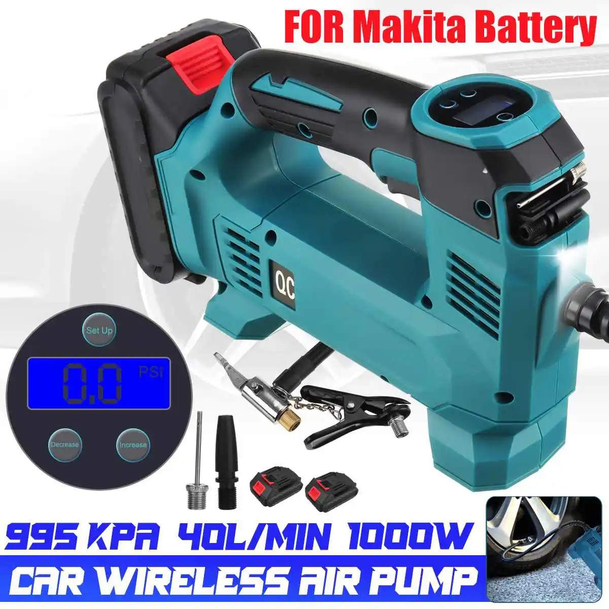 

98VF 1000W Cordless Car Air Pump Compressor Rechargeable Li-ion Battery Balls Bicycle Tyre Inflator Pump For Makita 18V Battery