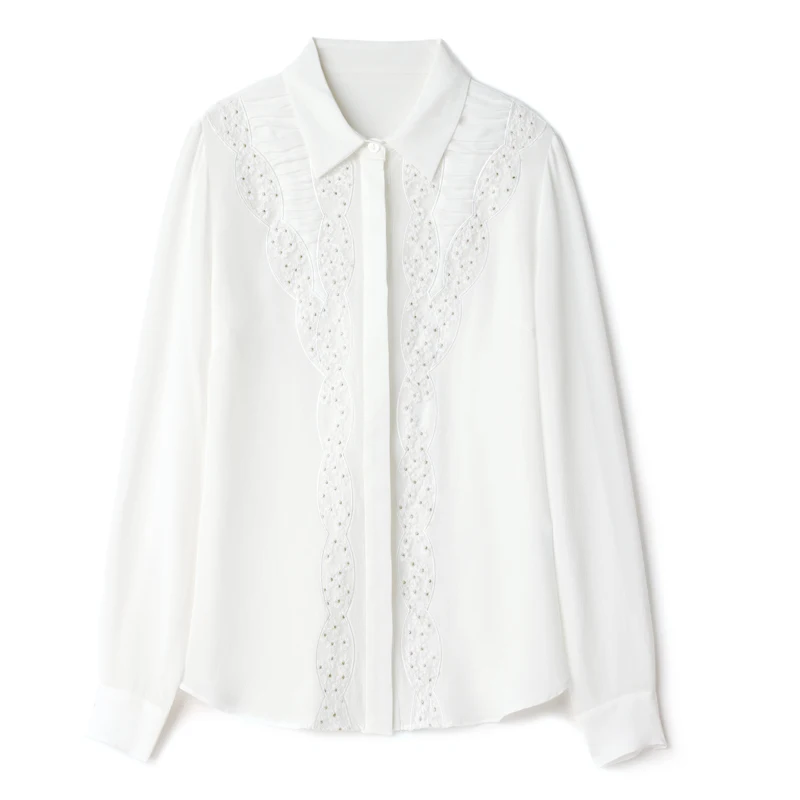 

100% Natural Silk Women's Shirt Turn Down Collar Long Sleeves Embroidery Elegant Fashion Blouse Camisa Tops