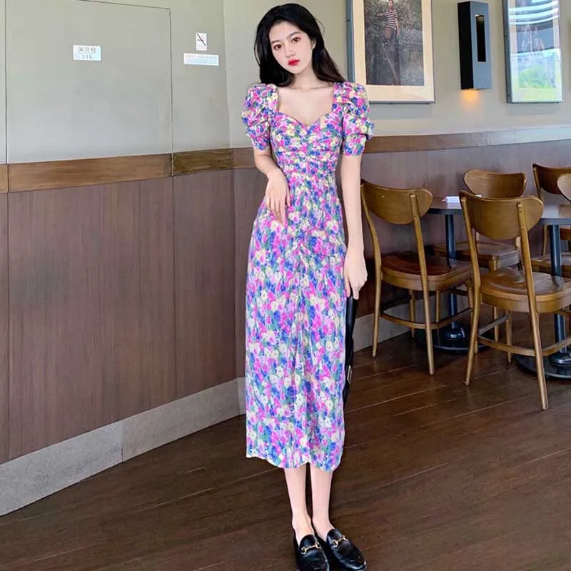 

Korean Fashion Ladies Floral Dress One-Piece Elegant Holiday Party Dresses 2021 Summer New Women Puff Sleeves Dress Midi Dress