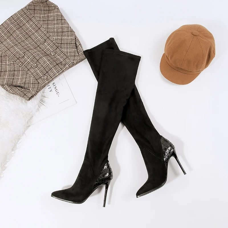 2019 г. новые зимние женские ботфорты из флока на шпильках Роскошные Дизайнерские