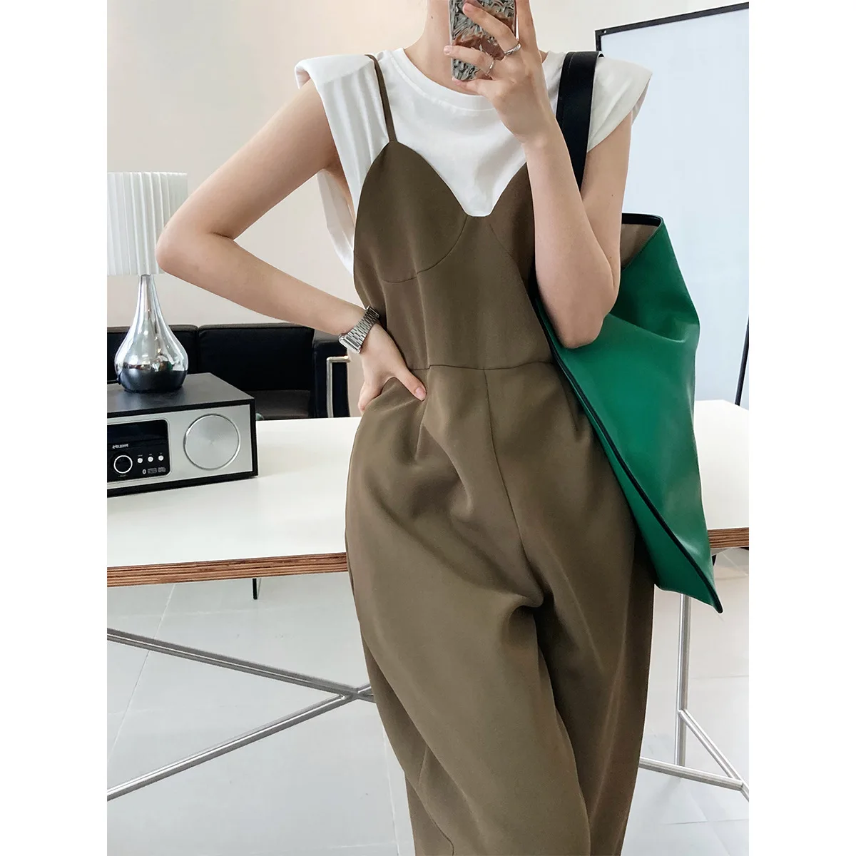 

7003 Women Suits Overalls Summer Thin High Waist Loose Wide Legs Trousers Pure Black Vogue Simple Casual Daily Suspender Rompers