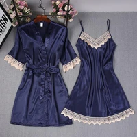 sexy women robe set satin lace trim casual lounge bridal wedding bathrobe suit intimate lingerie loose home dressing gown