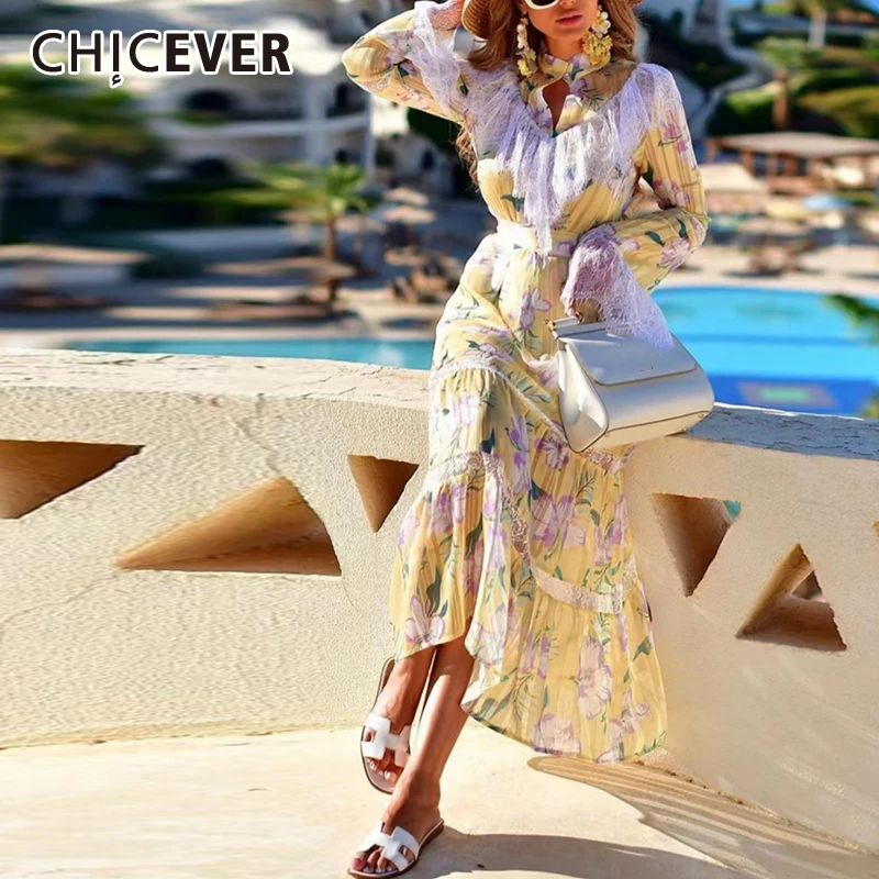 

CHICEVER цветочный принт цветная летняя одежда для женщин 2021 стоячий воротник с длинным рукавом высокая талия миди винтажные платья для женщин