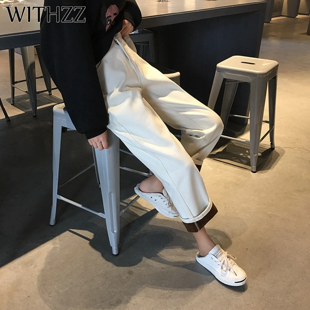 

WITHZZ Autumn Winter Women's Loose High Waist Elastic Waist Denim Pants Fleece Straight Jeans