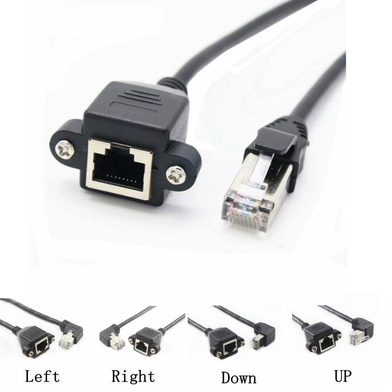 8Pin RJ45 Cable Male to Female Screw Panel Mount Ethernet LAN Network 8 Pin 90 Degree Right Angle Extension Cable 0.3m 0.6m 1m