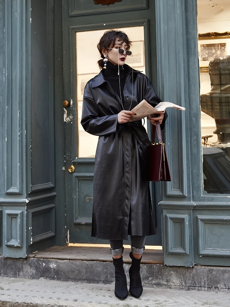 

Women elegant top quality pu Leather Turtleneck Trench Coat plus size female Long Jacket