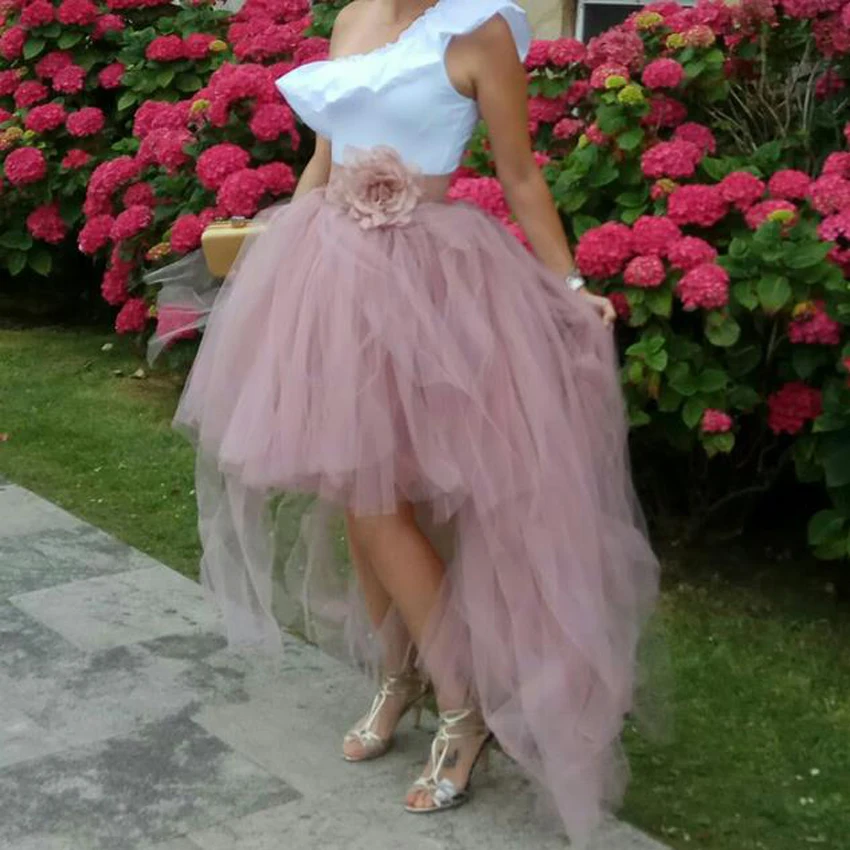

Brand Quality Skirt Tulle Layered faldas Hi Low Skirt Women Party Vestidos Front Short Back Long Dusty Pink Flower Floor Length