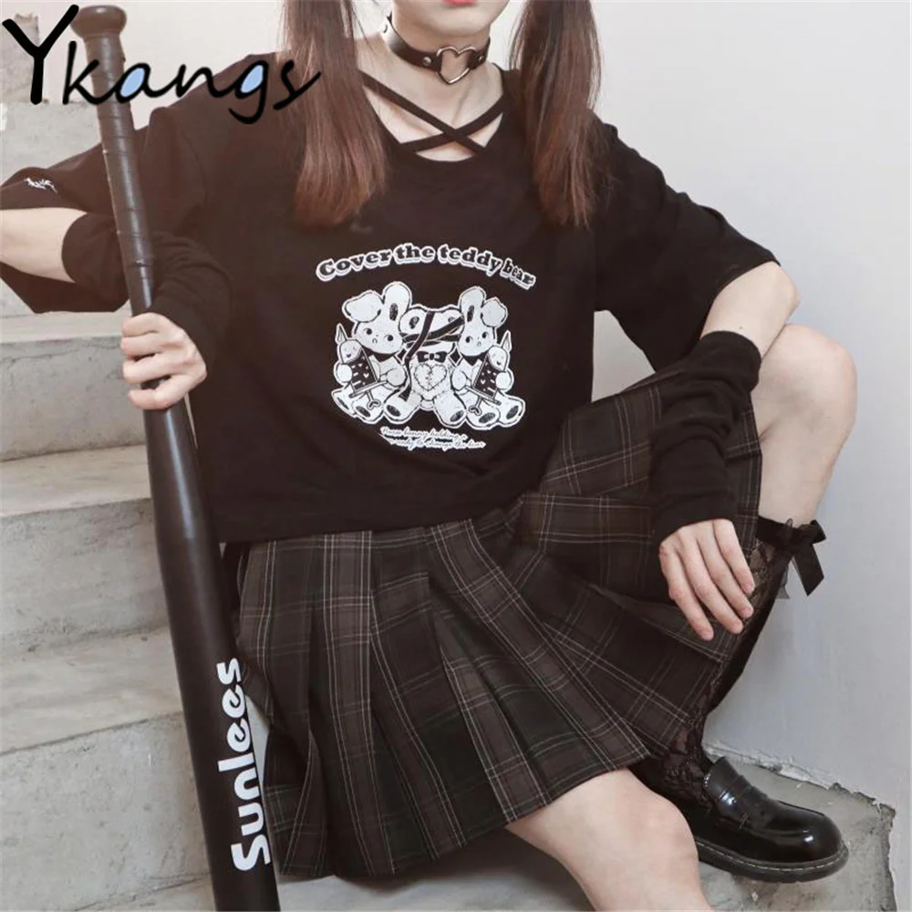 

Harajuku High Waist Plaid Pleated Skirt+Black Short Sleeve Printing T-Shir Suit Preppy Style Summer Gothic Cool Gril Streetwear