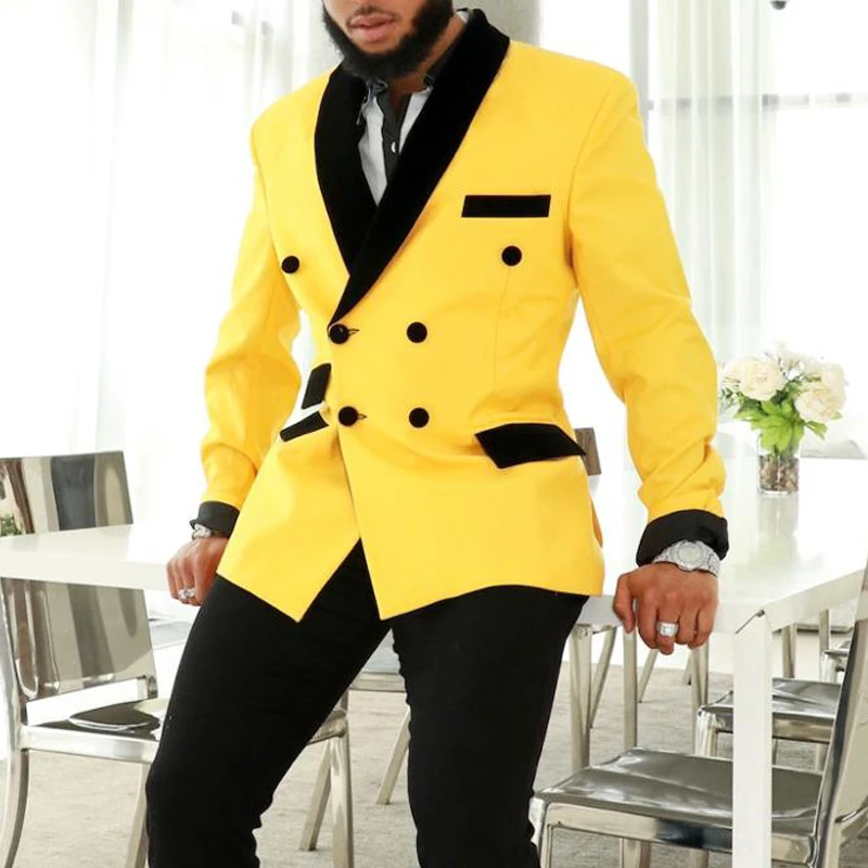 

Yellow Double Breasted Men Suits with Black Shawl Lapel 2 Piece Custom Wedding Tuxedo for Groomsmen Prom Man Fashion Clothes