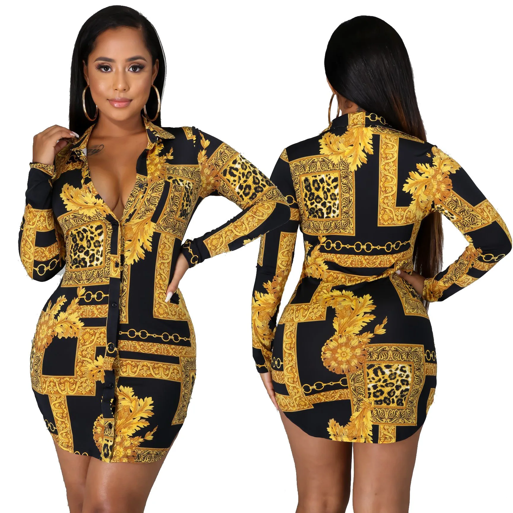 

Женское мини-платье с принтом, однобортное облегающее платье с длинным рукавом и отложным воротником, уличная одежда, осень 2021