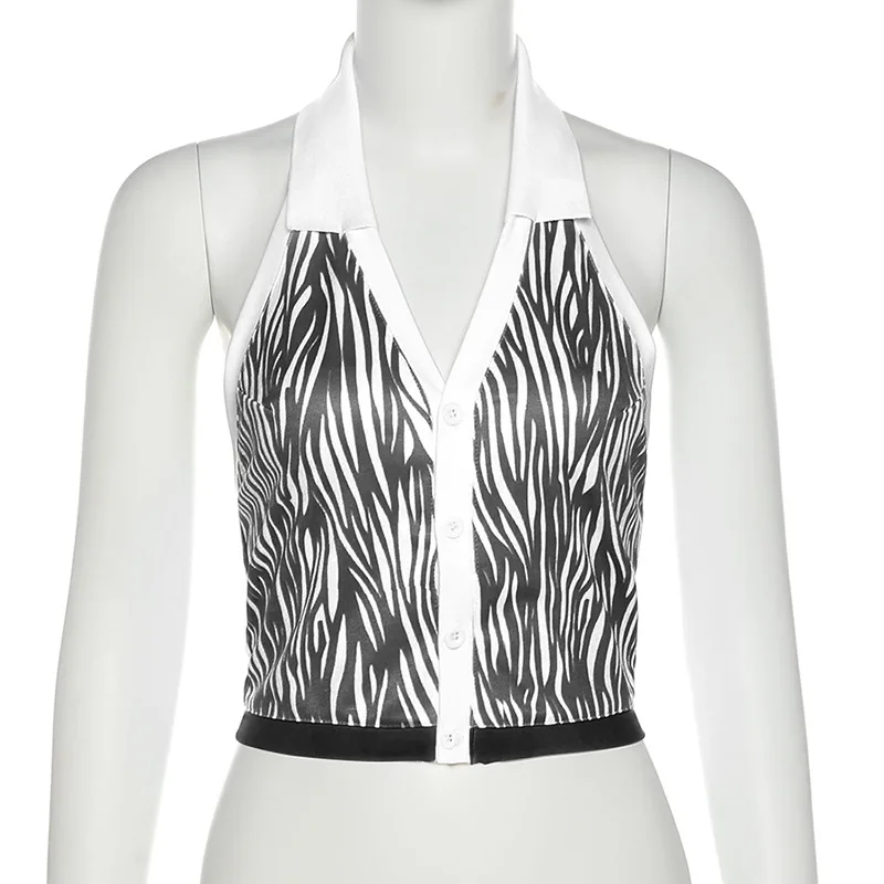 

Sexy Women Tank Tops Slim Button V-Neck Splicing Backless Vest Sleeveless Color Contrast Camisole Casual Summer Fashion 2021