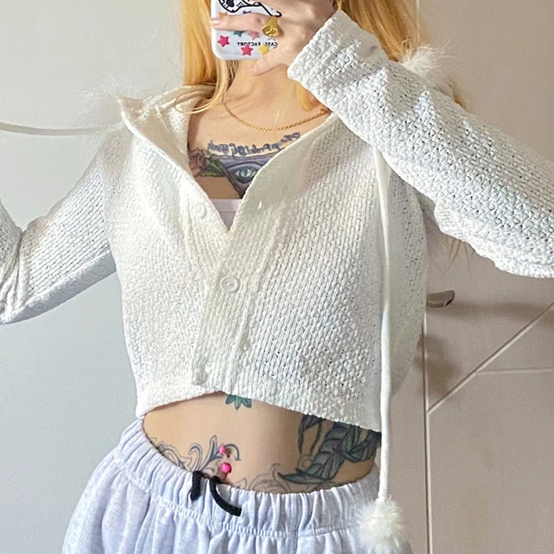 

Women Autumn Long Sleeve Hoodie Cardigan Fluffy Plush Patchwork Pompom Drawstring Sweater Coat Solid Color Slim White Knitwear C