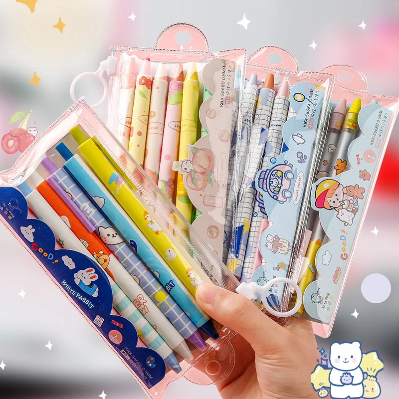 

6pcs Cartoon Retractable Ballpoint Pens 0.5mm Black Gel Ink Pen Kawaii Sationery Water Writing Pens Set For School Supplies