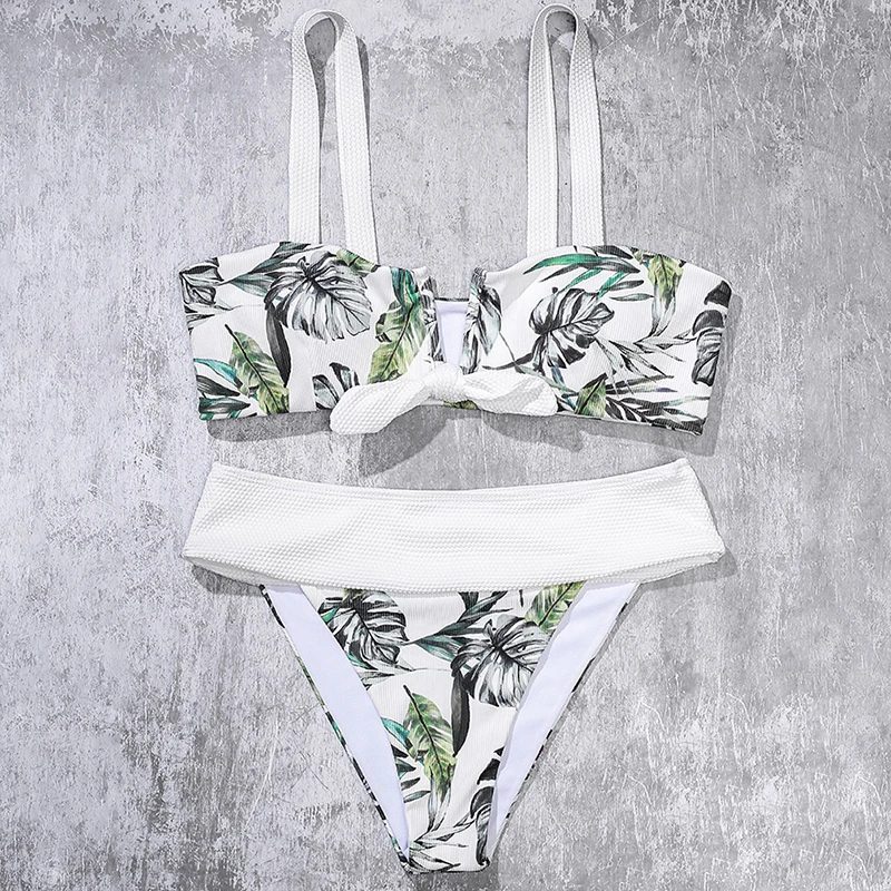 

Leaf Print Bow Bikinis Push Up Bikini 2020 New Arrival Underwire Padded Bra Mid Waist Swimsuit Sexy Swimwear Women