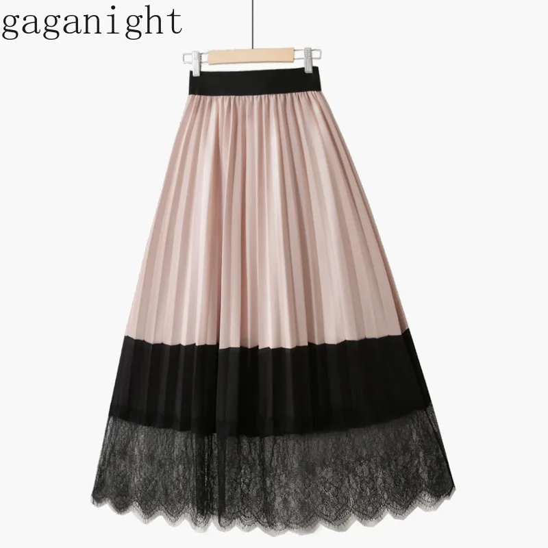 

Gaganight Elegant Lace Patchwork Contrast Color Skirt Female High Waist Hip Slim A Line Jupe Femme Retro Pleat Design Slim Falda