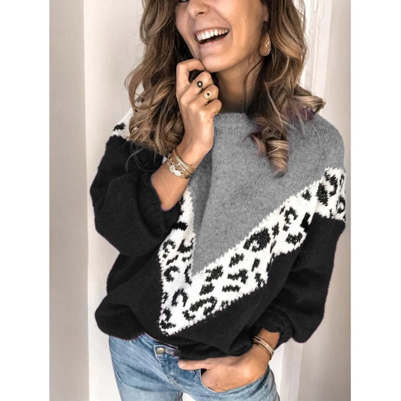 Patchwork Women Leopard Sweater O Neck Loose Casual Coffee Autumn Winter Pullover Plus Size Knitted Jumper Pattern Sweaters | Женская