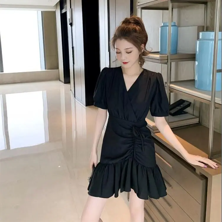 

Women's Dress For Summer Style V-Neck Puff Sleeve Casual Sexy A-Line Women's Dress Irregular Draped Ladies Skirt AA3002