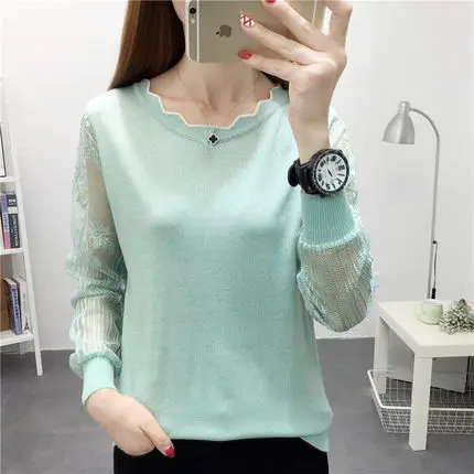 OHCLOTHING 2019New кружевной свитер женская нижняя блуза с длинным рукавом свободная весенняя новая тонкая трикотажная блузка трендовая блузка - Цвет: QL