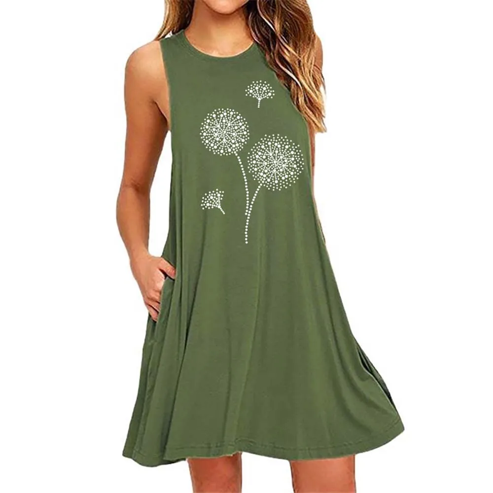 

VICABO Women's Dress O-neck Sleeveless Tank Dresses Female Fashion Pocket Mini Vestidos Ladies Dandelion-printed Summer Dress