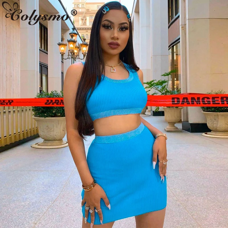 

Женский укороченный топ без рукавов Colysmo, мини-юбка, комплект из двух предметов, лето 2020, повседневный комплект из двух предметов в рубчик, си...