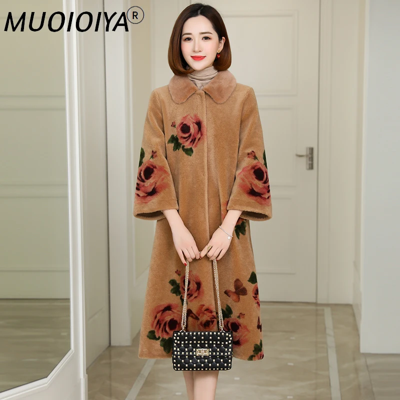 

Winter Coat Women Sheep Shearling Real Fur Coat Female Mink Fur Collar Wool Coats Print Long Jacket Manteau Femme MY4261