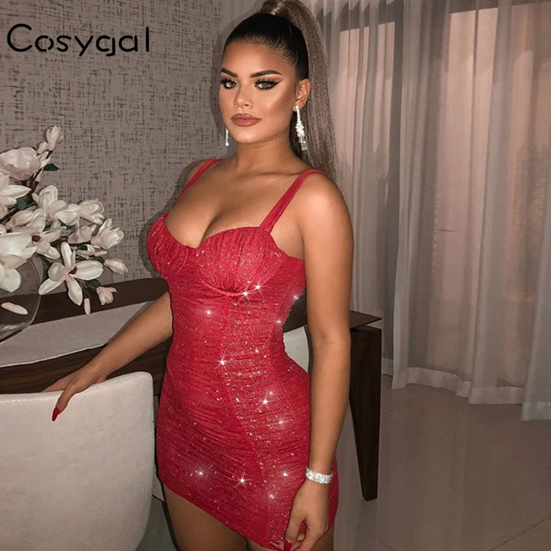 Cosygal блестками с рюшами и повязки вечерние платье для женщин ремень костюм