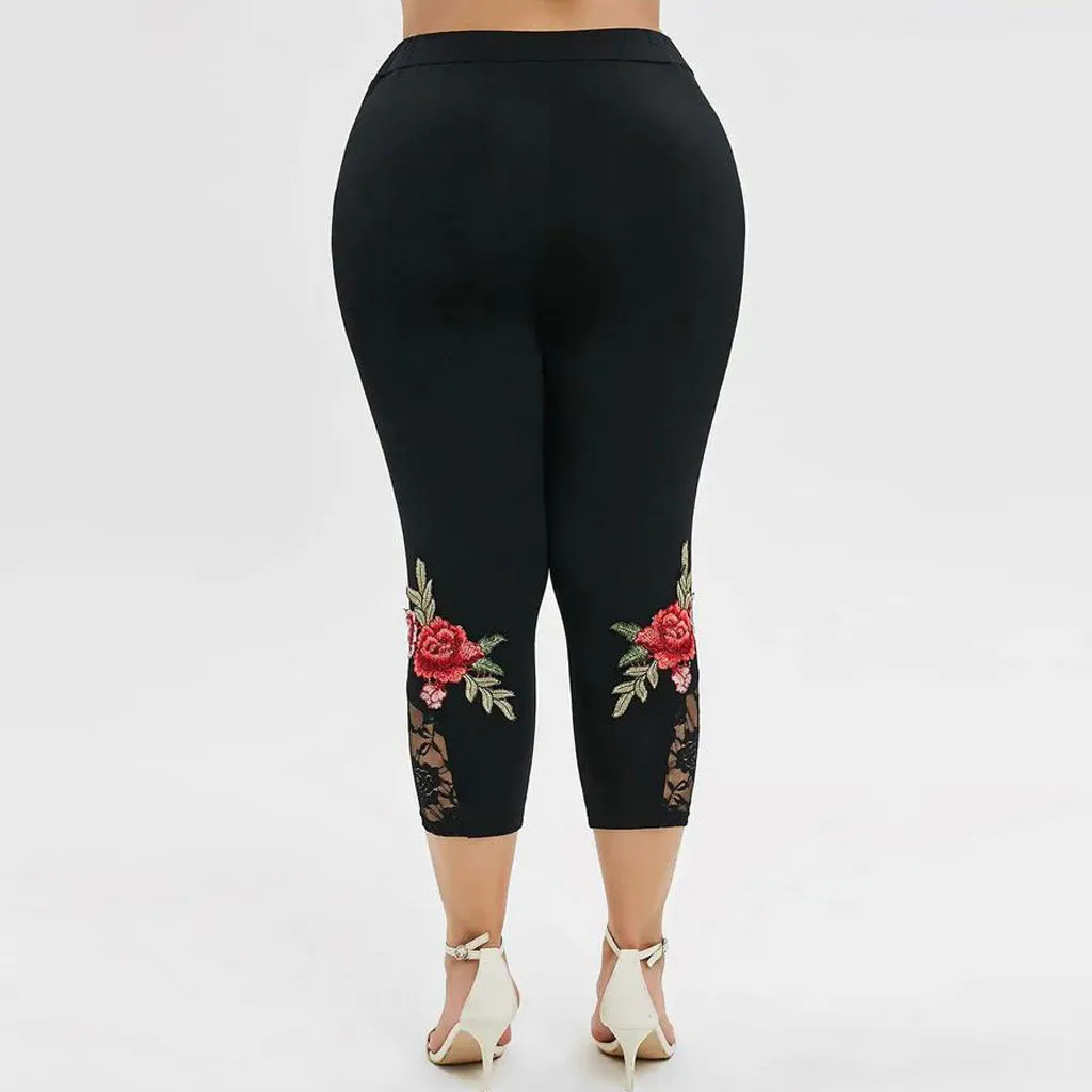 JAYCOSIN Fashion Women Plus Size L-4XL Applique Lace Splice Solid Elastic Casual Leggings Pants Large Female 7 Points | Женская одежда
