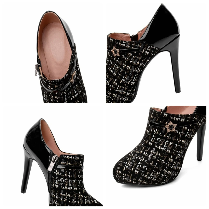 

REAVE CAT Women Novelty Pumps Pointed Toe 12.5CM Thin High Heels Patent Leather Zipper Platforms Rhinestone big size 33-43 A3041