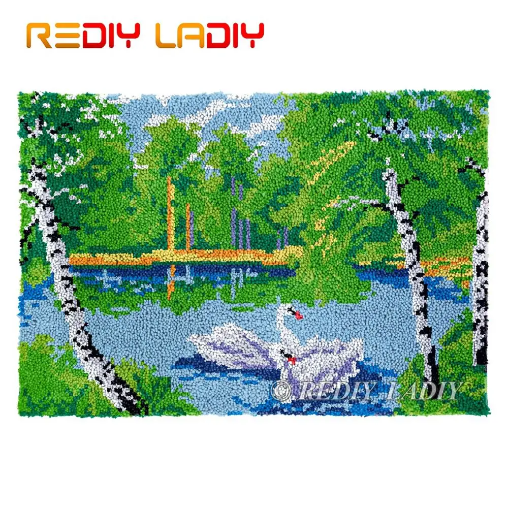 

Latch Hook Rug Forest Lake Swan Chunky Yarn Tapestry Kits Crochet Cushion Mat DIY Carpet Rug Needlework Hobby & Crafts 85*58cm