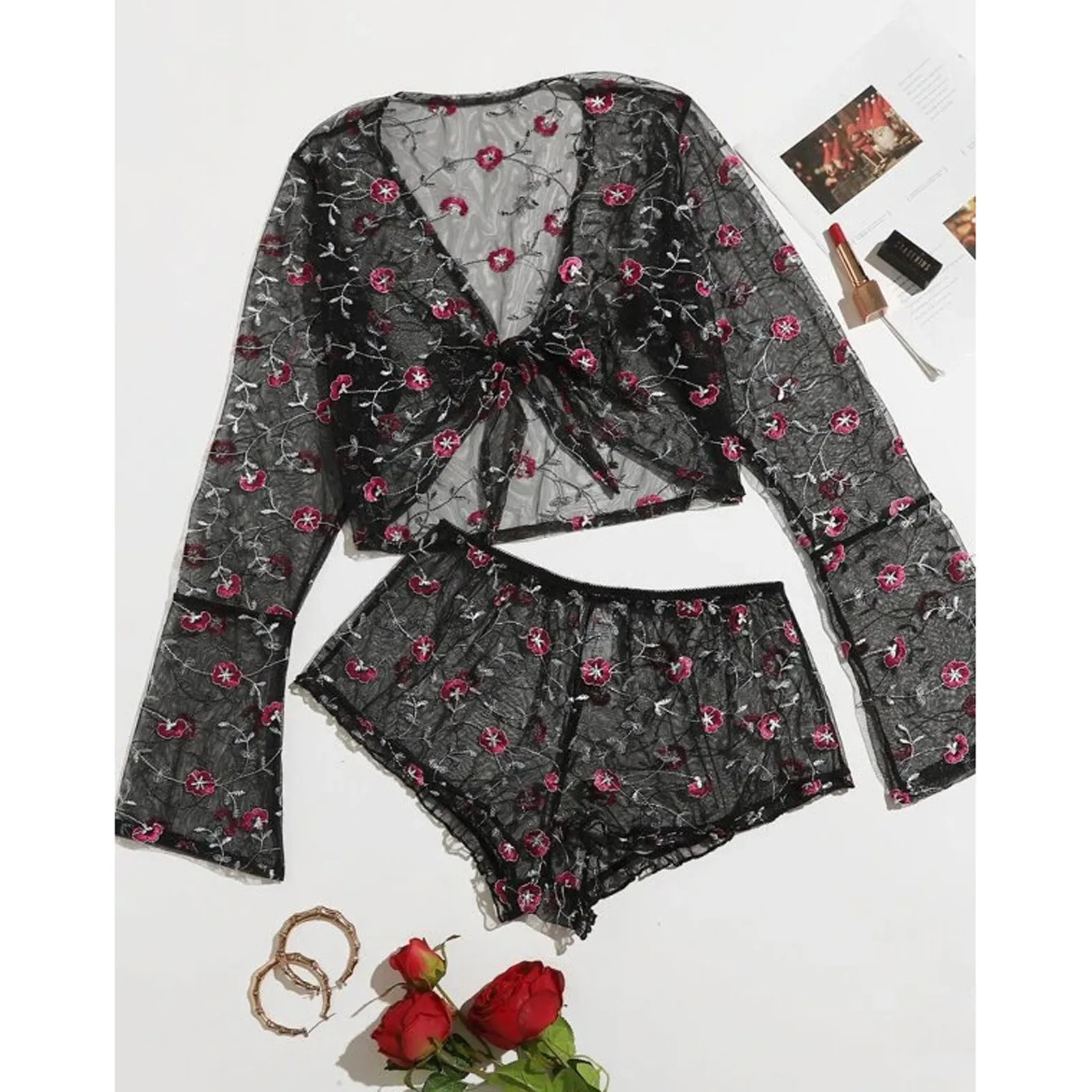 

2Pcs Women Underwear Set Solid Lace Floral Embroidery V-Neck Short Sleeves Crop Top High Waist Briefs Sexy Perspective 2021