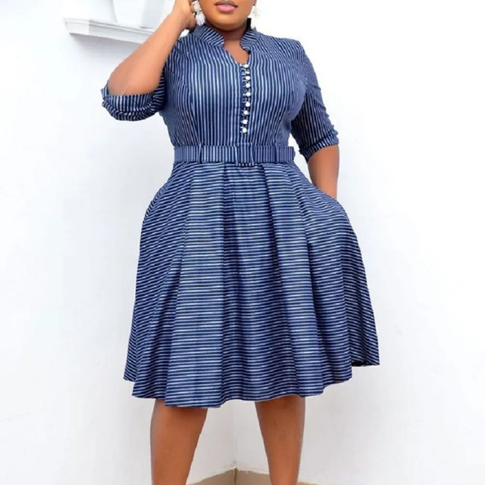 

2021 New Fashion Womens Dress V-neck Stripe OL Temperament Women Dress Commute High Waist African Simplicity Casual Autumn