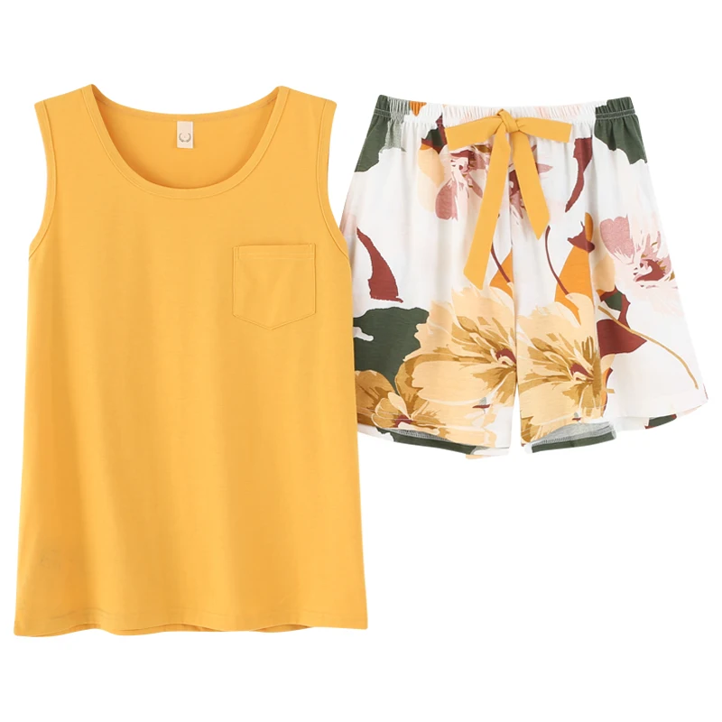 

Summer Plus Size Vest Outdoor Nightwear Cute Floral Shorts Homewear Cotton Pajamas For Women Leisure Yellow Sleeveless Sleepwear