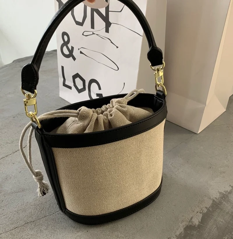 

Casual Stiching Canvas Buckets Women Handbag Canvas Pu Leather Splice Shoulder Crossbody bags for women Large Linens Women's bag