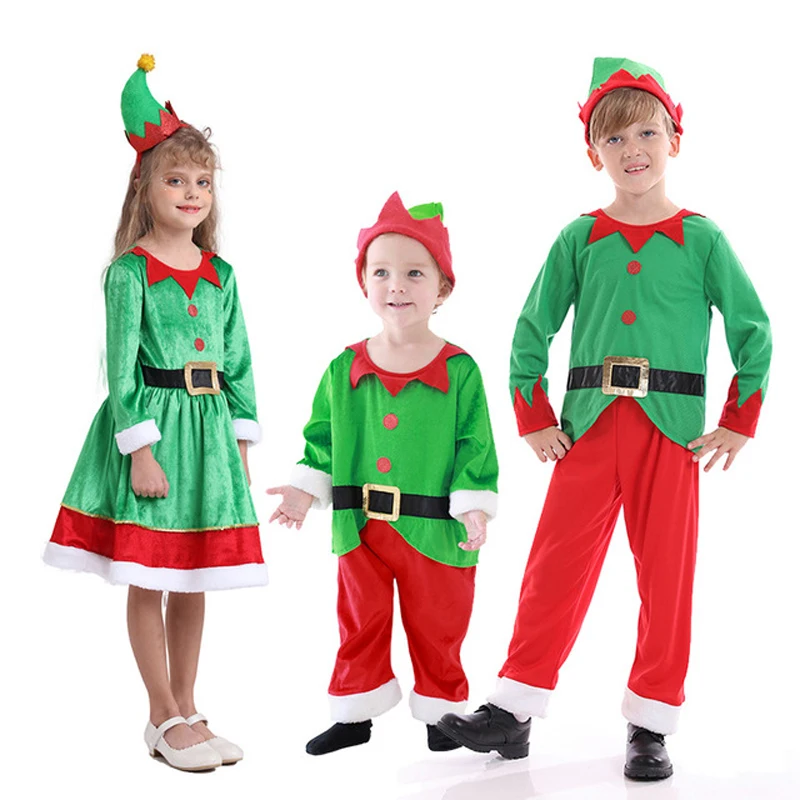 Green Santa Elf Costume Kids Christmas Cosplay Costume Boys Girls Elf Grinch Dress Outfits For Christmas Xmas Party