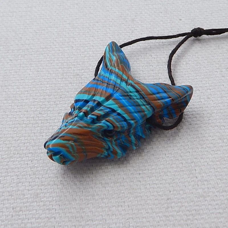 Sale 1Pcs Rainbow Jasper Handcarved Wolf Head Side Drilled Necklace Pendant 34x25x11mm 8.2g