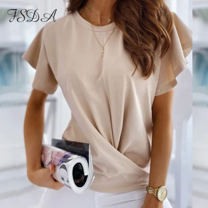 Женская футболка с оборками и коротким рукавом круглым вырезом | одежда