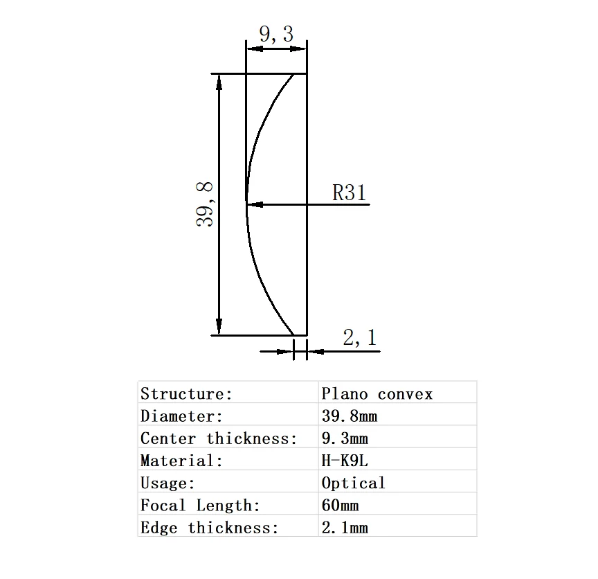 

Plano Convex Lens Diameter 39.8mm Focal Length 60mm H-K9L Glass Lens Optical Glass Optical Lens