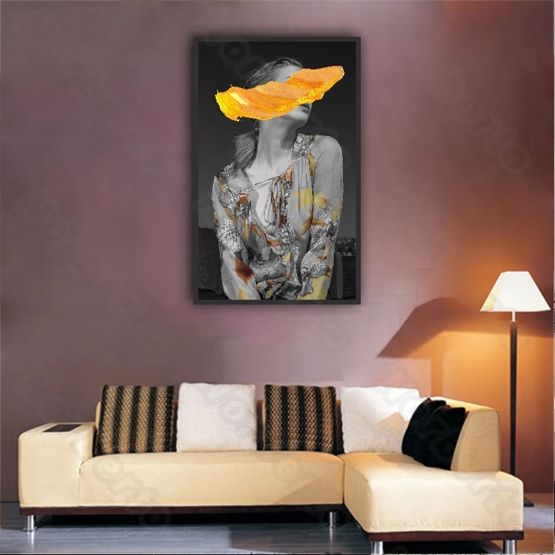 

Art Abstract Canvas Painting Wall Poster a Depressed Woman with Golden Covering Eyes for Living Room Bedroom Decoration