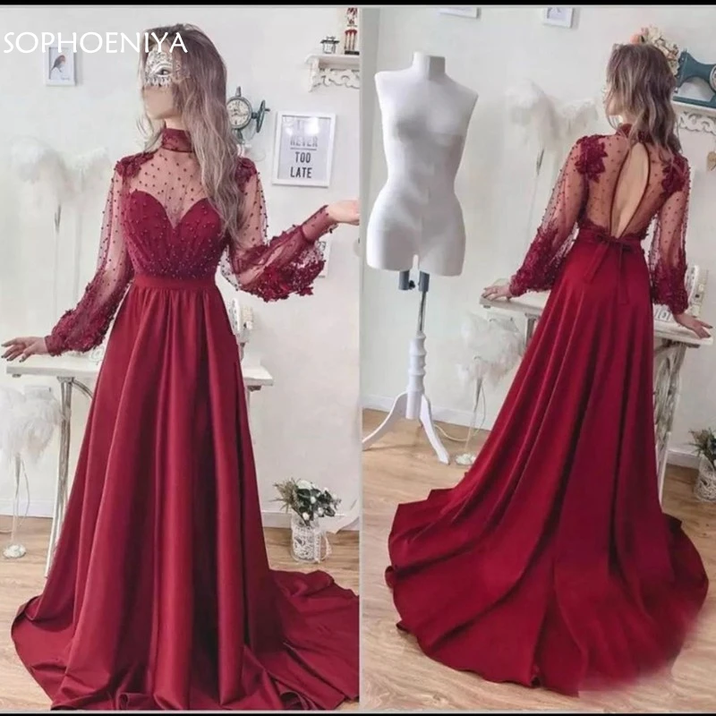 

Женское вечернее платье с длинным рукавом, бордовое бальное платье из тюля с бусинами и жемчугом, платье с открытой спиной из Дубая