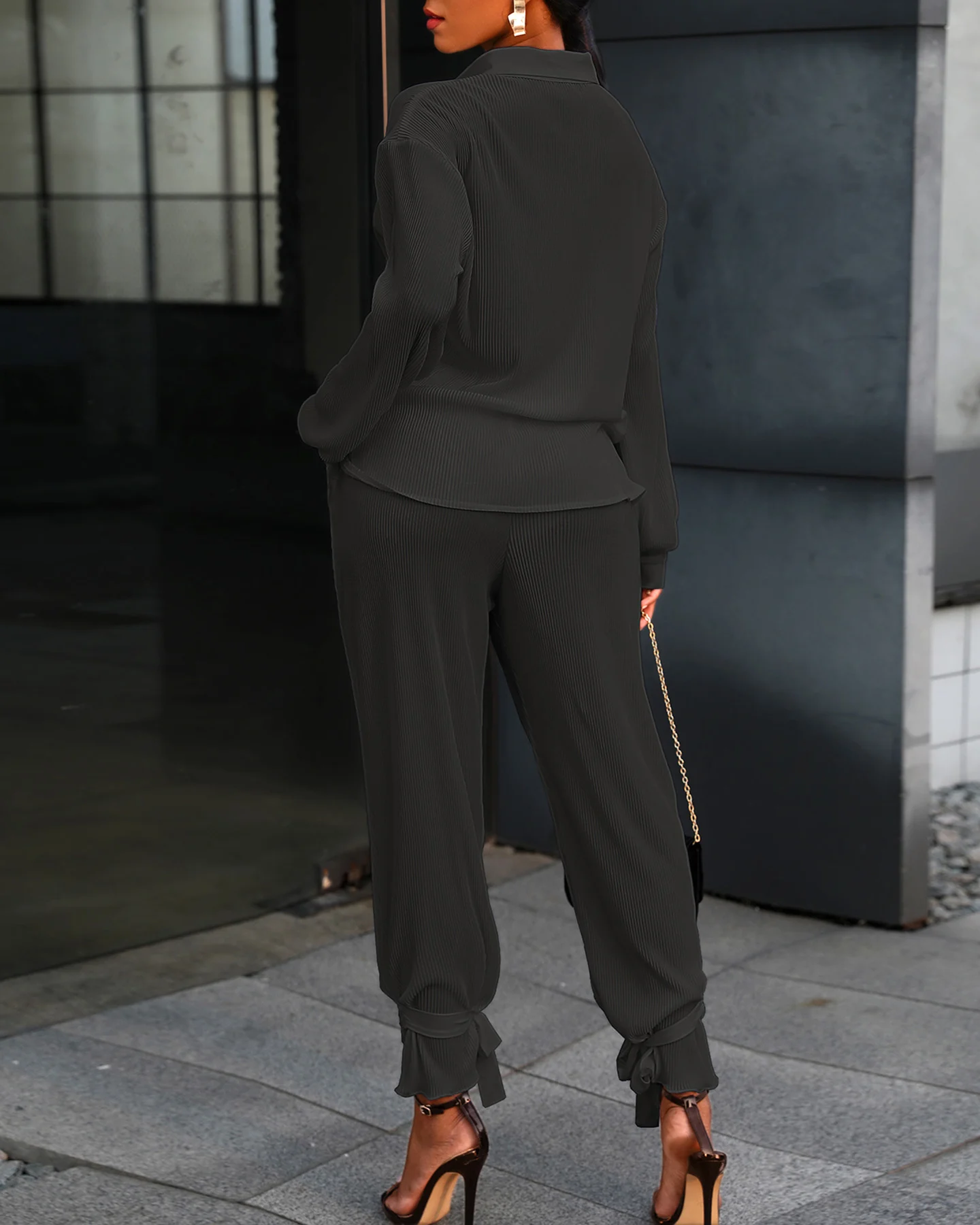 

Women Elegant Solid Turn-down Collar Tied Detail Buttoned Long Sleeve Ruched Top & Pockets Pants Set Two Piece Outfits for Women