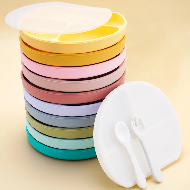 

Fashion Baby Silicone Plate Kids Bowl Plates Keep Fresh With Lid Divided Dinner Plate Waterproof and Heat Insulation Kids Tablew