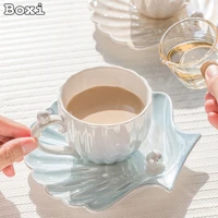ins simple gradient color pearl shell coffee mug with tray home office ceramic cup and saucer set girls couple birthday gifts