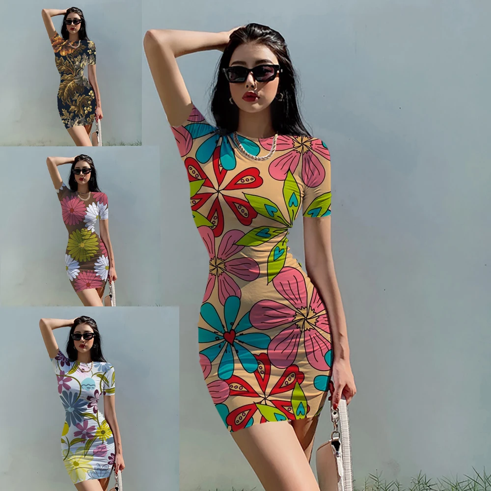 Женское короткое платье с круглым вырезом элегантное облегающее цветочным