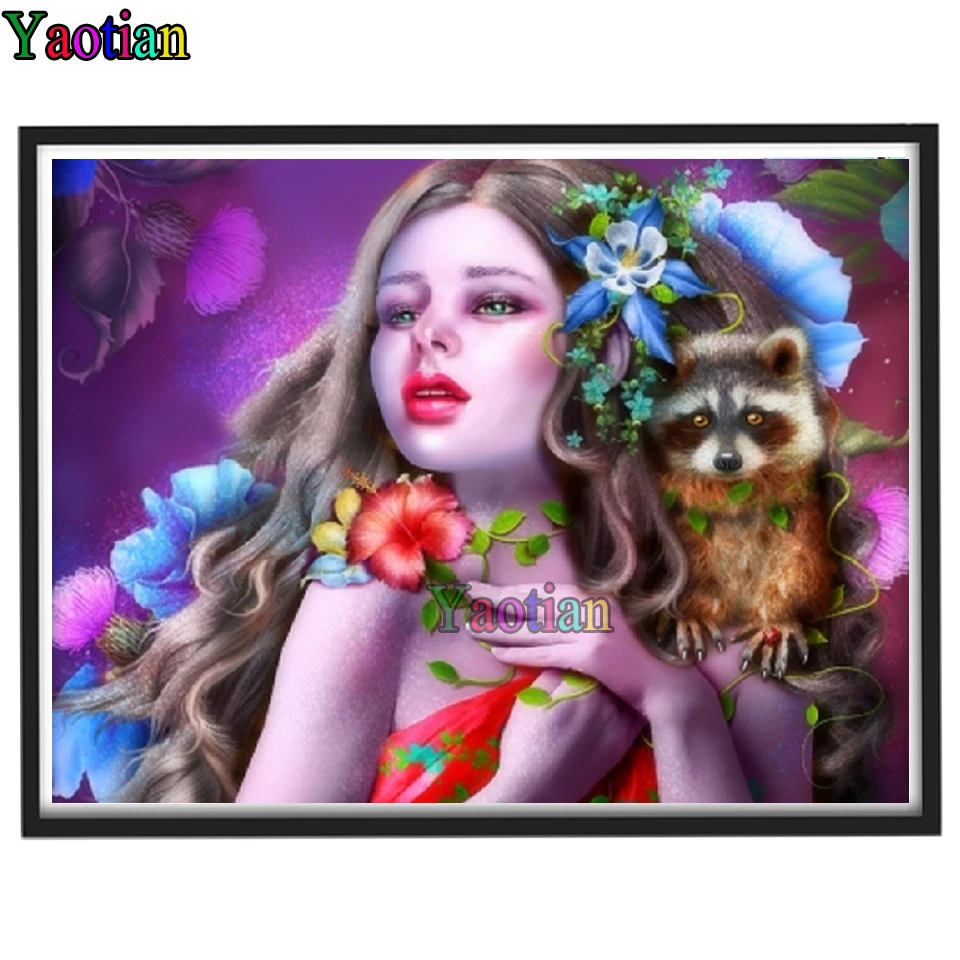 

Diy Diamond Painting Flower Girl And Raccoon Rhinestone Wall Art Embroidery Rhinestones Mosaic Cross Stitch Home Decorations