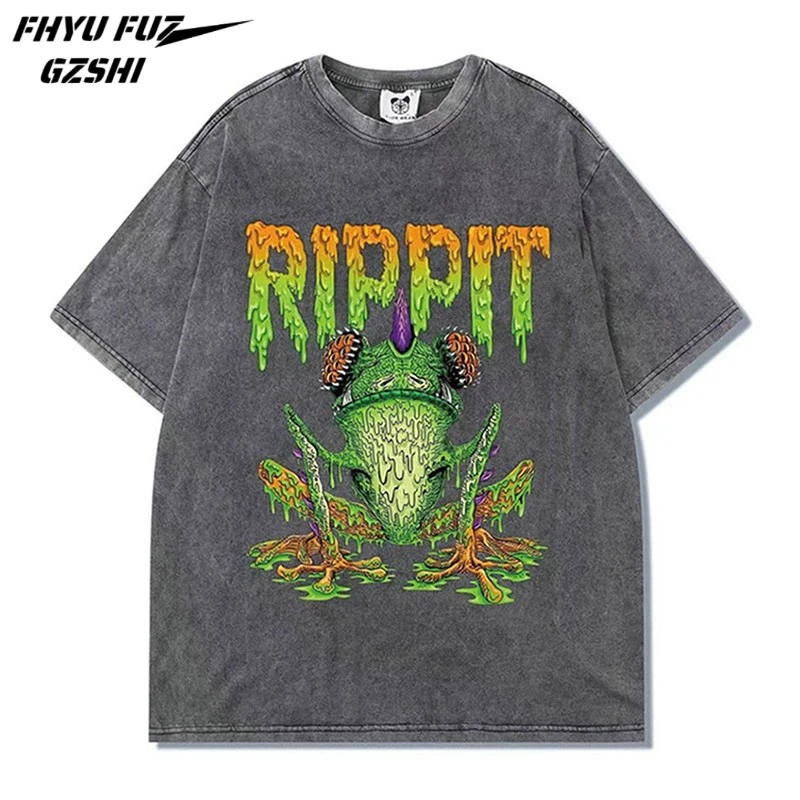 

Green Swamp Frog Letter Print Couple Clothing Cotton T-shirt Men Women Streetwear Edgy Punk Street Loose Short Sleeve Tee WY23