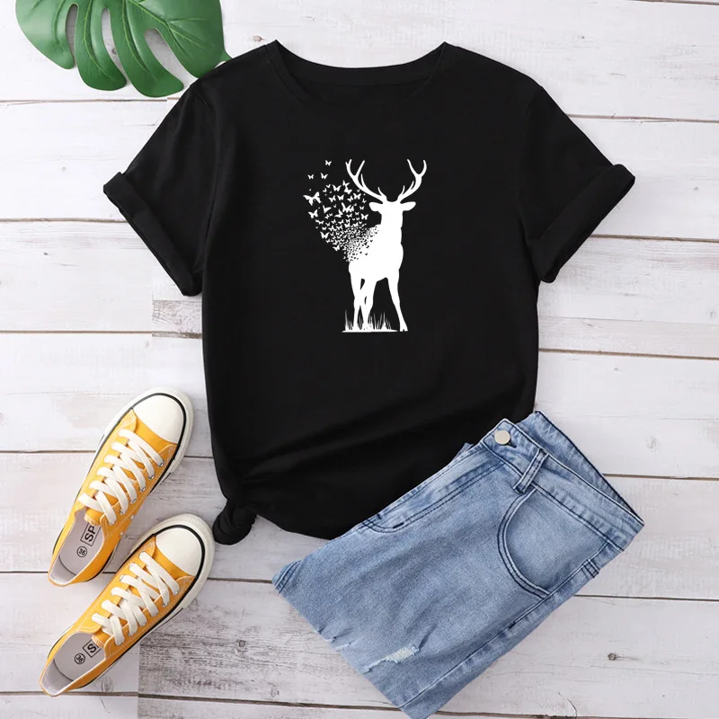 

Summer Plus Size Women T-shirt Fashion Animal Print Shirt Y2k 100%Cotton Woman Tshirts O-Neck Short Sleeve Tees Black Tops