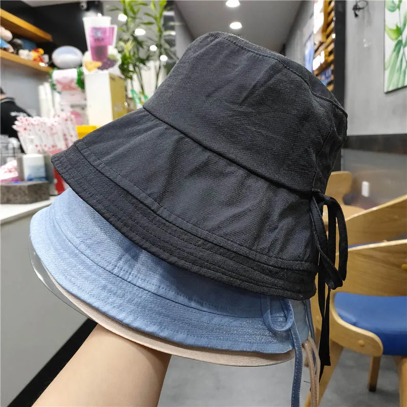 2021 Cap Summer New Women Drawstring Bucket Hats Fashion Breathable Casual Sandy Beach Collapsible Shading Sun Hats QDKPOTC