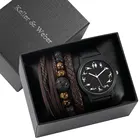 Мужские наручные часы подарочный набор простые черные кварцевые часы коричневый плетеный кожаный браслет с бусинами подарки для мужчин Муж парень папа