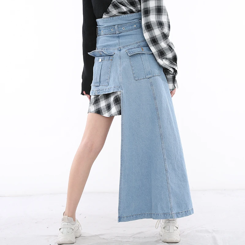 

[EAM] High Waist Blue Denim Button Irregular Spliced Denim Half-body Skirt Women Fashion Tide New Spring Autumn 2021 1Y72205