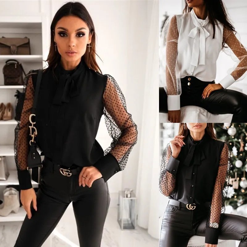 

Woman's Solid Color Bow Lace-up Shirt Long Mesh Polka Dot Sleeve Perspective Patchwork Button Top Daily Life